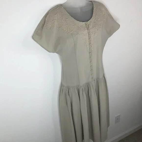 Together Womens Cotton Twill Dress Sz 6M Tan Country Western Drop Waist Buttons - Picture 5 of 12